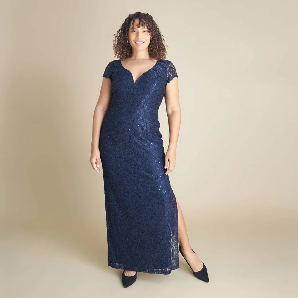 NWT body-con navy stretch sequin lace gown.